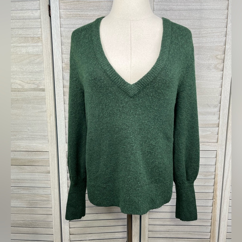MADEWELL V Neck Bishop Sleeve Sweater Hunter Green-Small